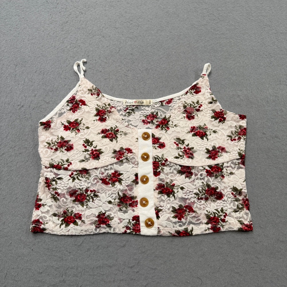 Heart & Hips Lace Top Women's Large White Red Floral Button Up Cropped Camisoles